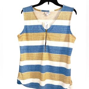 LuLaRoe Tank Sz S Sleeveless Aqua/Tan Bengal Stripes 3/4 Zip Rachel #454-13 NWT